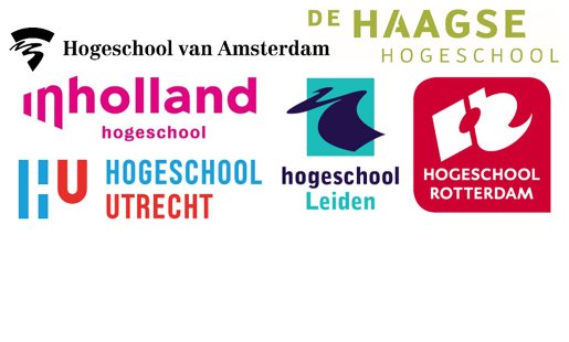 Logo's R6: Hogeschool van Amsterdam, Haagse Hogeschool, Hogeschool Inholland, Hogeschool Utrecht, Hogeschool Leiden en Hogeschool Rotterdam.