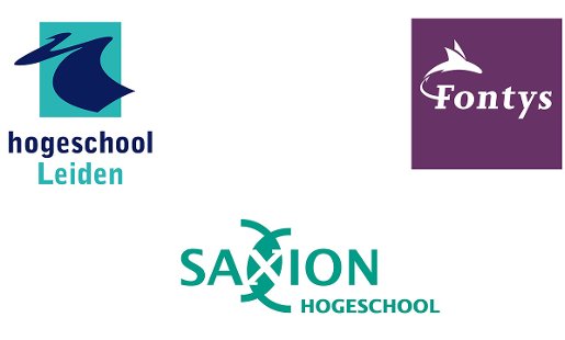 V.l.n.r.: logo Hogeschool Leiden, Logo Fontys Hogescholen en logo Hogeschool Saxion