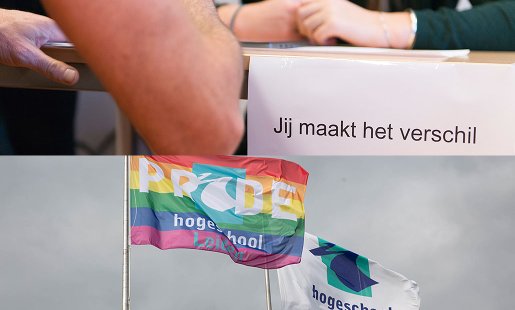 Jij maakt het verschil en pride vlag Hogeschool Leiden