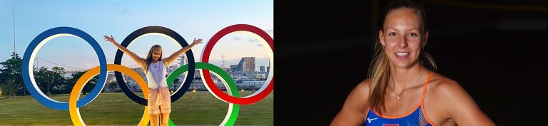 Links: Katja in Tokyo met de Olympische ringen. Rechts: Katja in beach volleybal kleding
