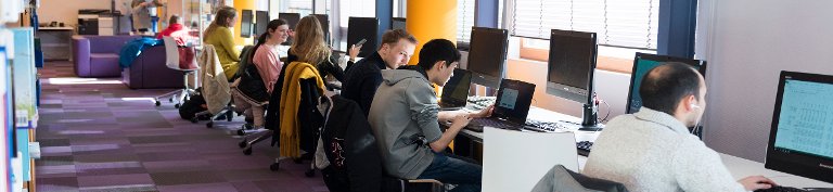 Studenten zijn aan het werk aan een computer of laptop en overleggen met elkaar.