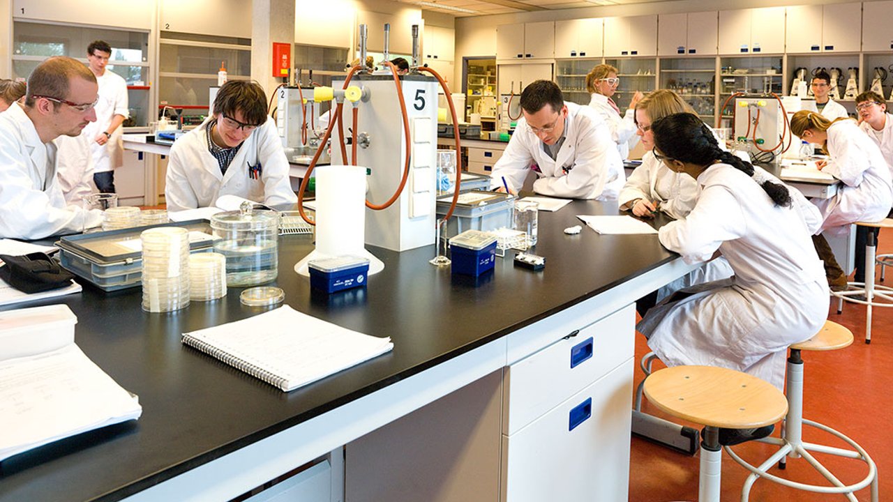 Studenten aan het werk in het lab.