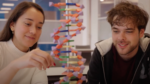 Studenten Bio-informatica kijken naar DNA-figuur