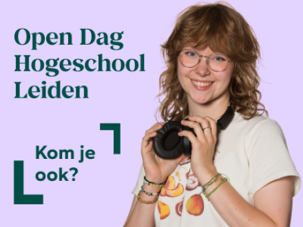 Campagnebeeld Open Dag Hogeschool Leiden met paarse achtergrond