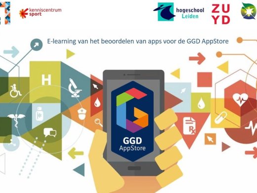 illustratie met vele iconen om een telefoon heen waarop het logo voor de GGD appstore staat met het onderschrift E-learning van het beoordelen van apps voor de GGD app store