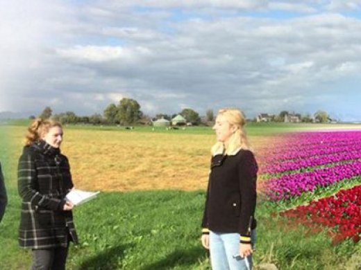 foto van studenten in een tulpenveld
