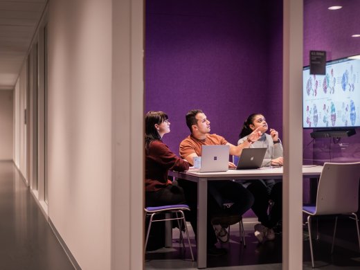 Groepje studenten bekijkt lesstof op beeldscherm in studeerruimte