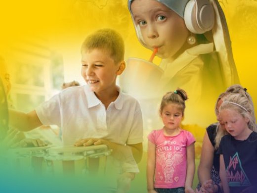 Illustratie van muziekmakende kinderen op voorkant lectorale rede Muziekonderwijs voor iedereen, door iedereen