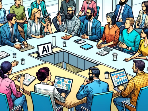 Getekende afbeelding, gemaakt door AI-Tool Dall-e. Op de afbeelding zit een groep mensen in vergadersetting te discussieren over AI.