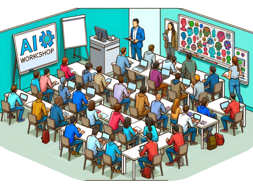 Een getekende afbeelding, gemaakt door AI-tool Dall-E. Op de afbeelding krijgt een groep personen in een klaslokaal een workshop over het gebruik van AI.
