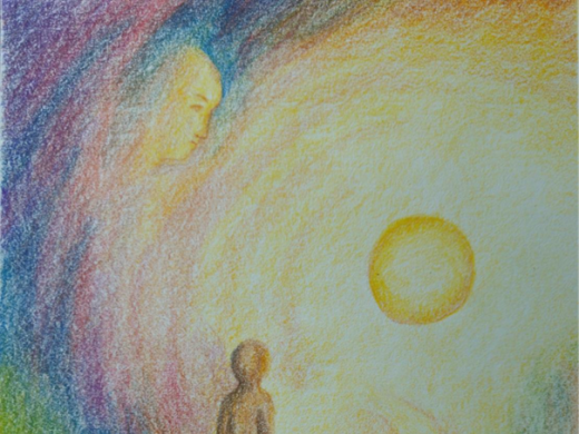 Schilderij dat abstract een levenspad symoliseert. Een poppetje loopt over een pad richting de zon. In de lucht kijkt een gezicht naar het poppetje.