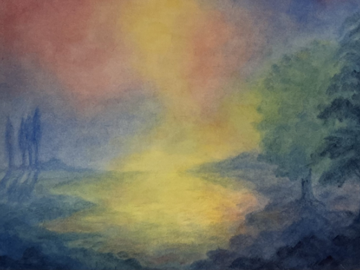 Een kleurrijk abstract schilderij van een landschap
