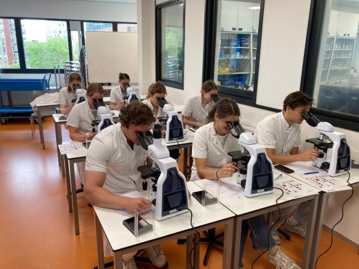 Geneeskundestudenten achter een microscoop