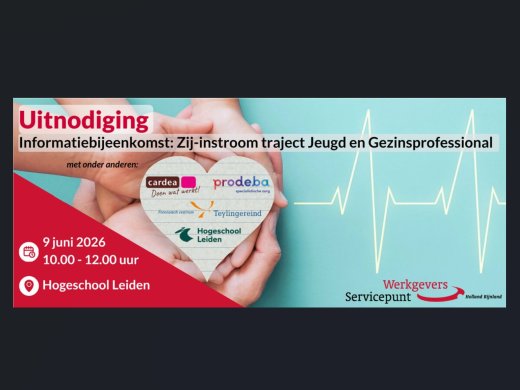 Uitnodiging informatieochtend 9 juni om 10.00 uur Handen houden hart vast met namen van samenwerkende werkgevers: Cardea, Prodeba, Teylingereind, Werkgeversservicepunt Holland Rijnland, 