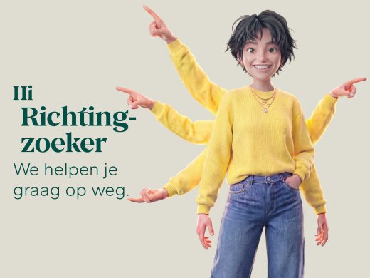Campagnebeeld Open Dag Hogeschool Leiden met tekst: Hi Richtingzoeker, we helpen je graag op weg
