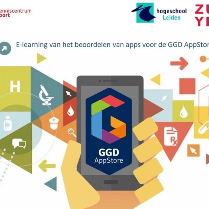 illustratie met vele iconen om een telefoon heen waarop het logo voor de GGD appstore staat met het onderschrift E-learning van het beoordelen van apps voor de GGD app store