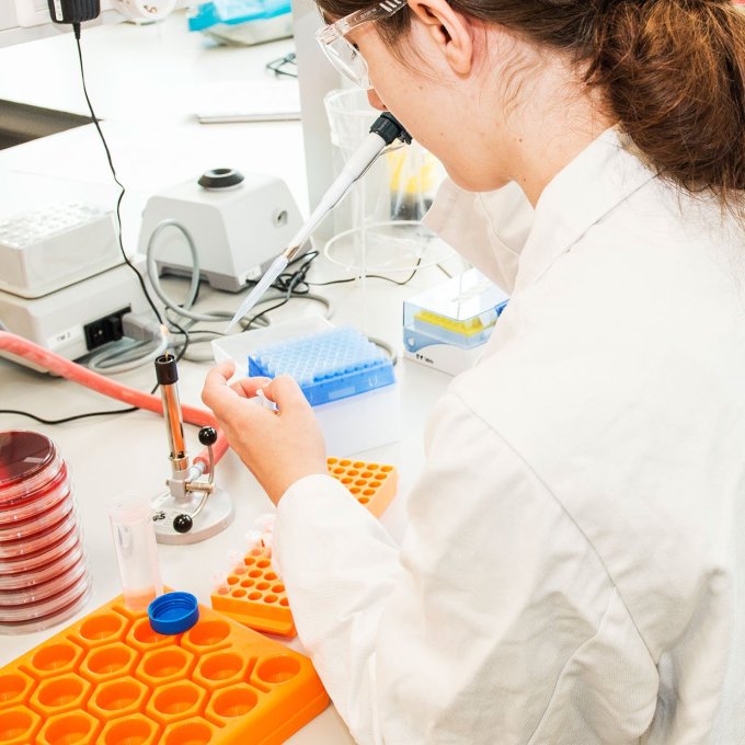 Een persoon met een grote pipet doet een vloeistof in een reageerbuisje naast een brander