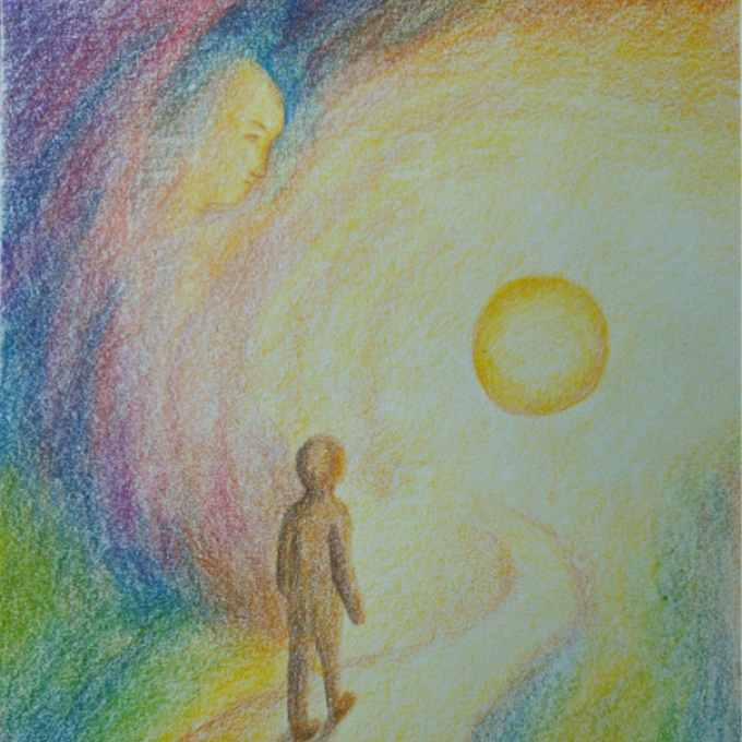 Schilderij dat abstract een levenspad symoliseert. Een poppetje loopt over een pad richting de zon. In de lucht kijkt een gezicht naar het poppetje.