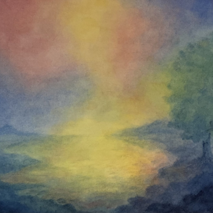 Een kleurrijk abstract schilderij van een landschap