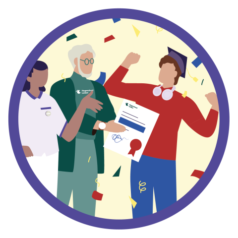Een tekening waarbij twee zorgprofessionals een derde persoon die aan het juichen is, feliciteren